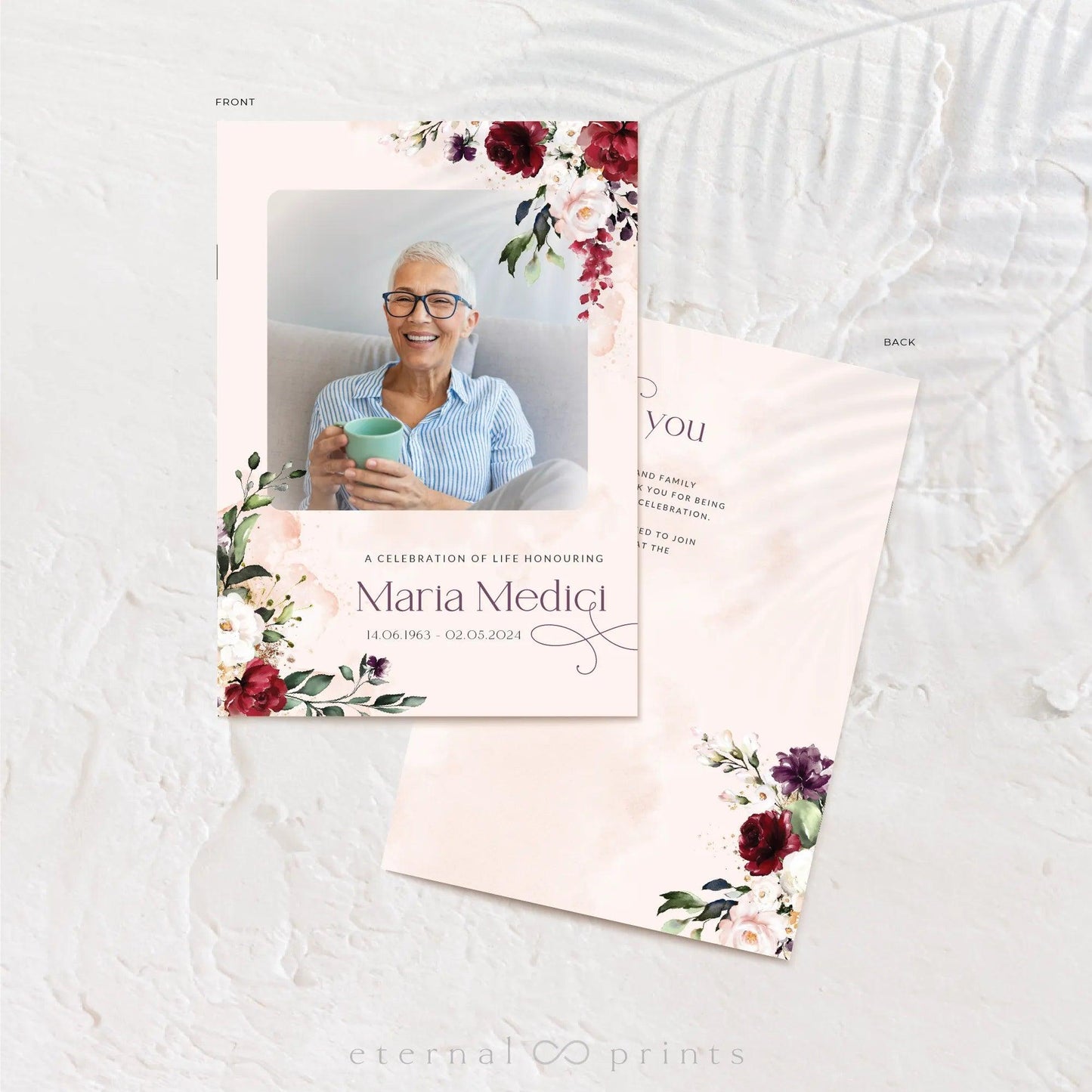 Funeral Booklet - Multi Pages - Burgundy Flowers - Eternal Prints