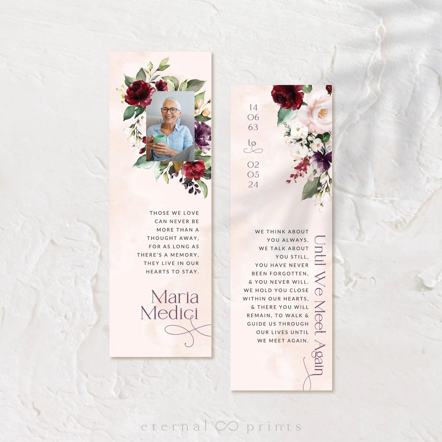 Funeral Bookmarks - Burgundy Flowers - Eternal Prints
