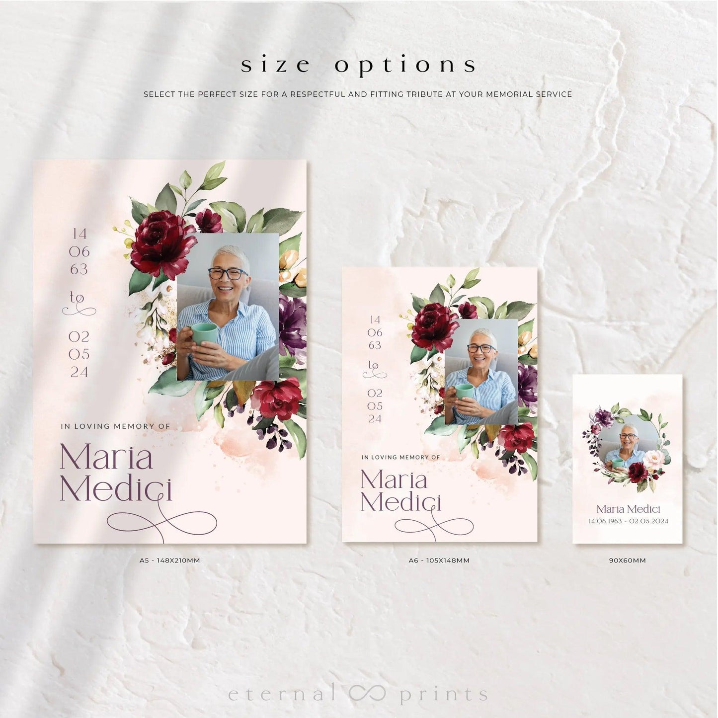 Memorial Cards - Burgundy Flowers - Eternal Prints