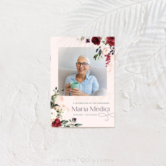 Funeral Booklet - Multi Pages - Burgundy Flowers - Eternal Prints