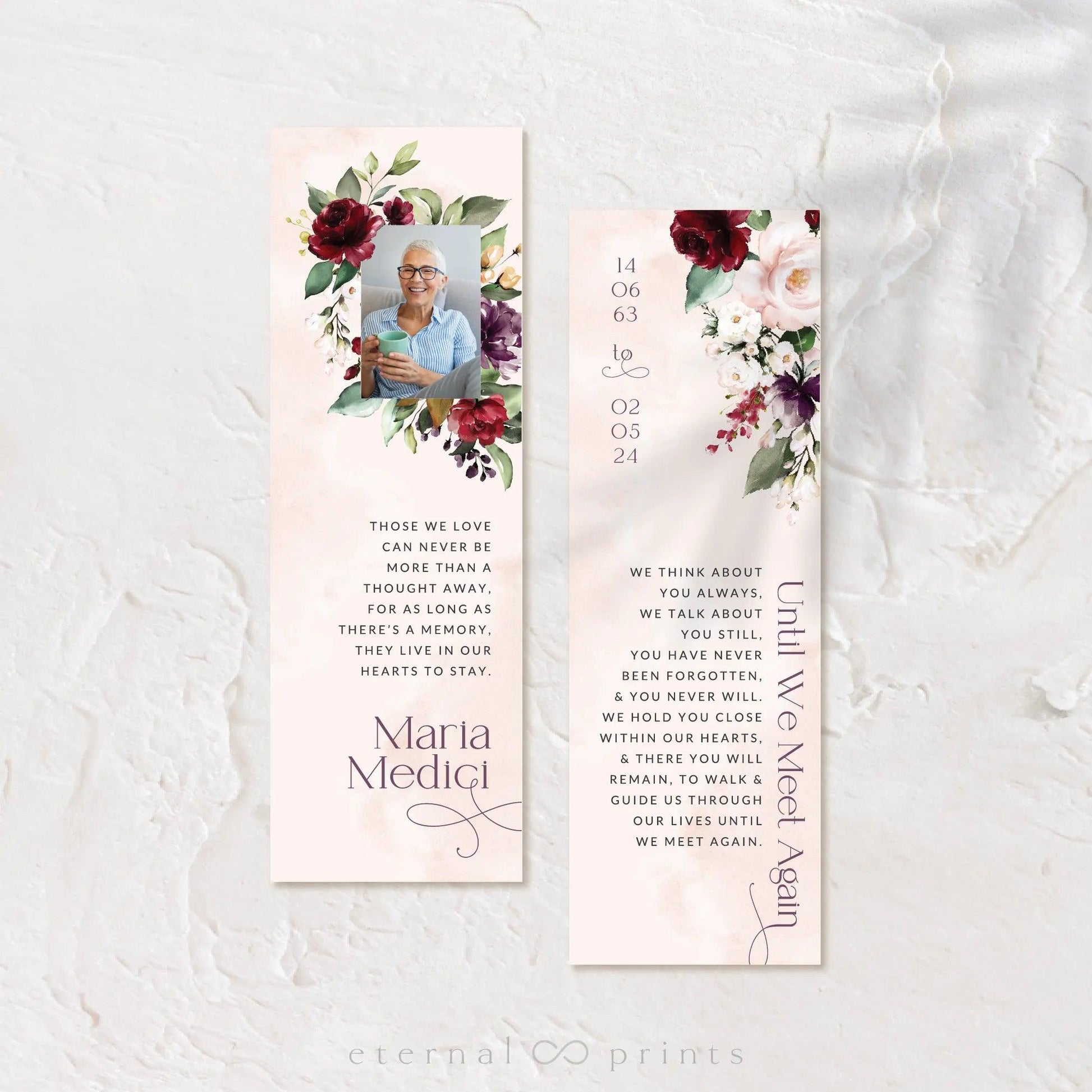 Funeral Bookmarks - Burgundy Flowers - Eternal Prints