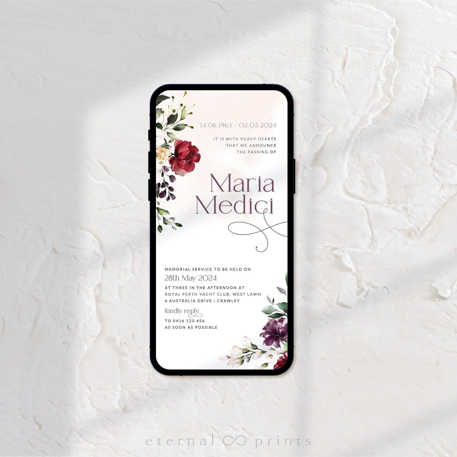 Digital Funeral Notification - Burgundy Flowers - Eternal Prints
