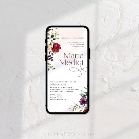 Digital Funeral Notification - Burgundy Flowers - Eternal Prints