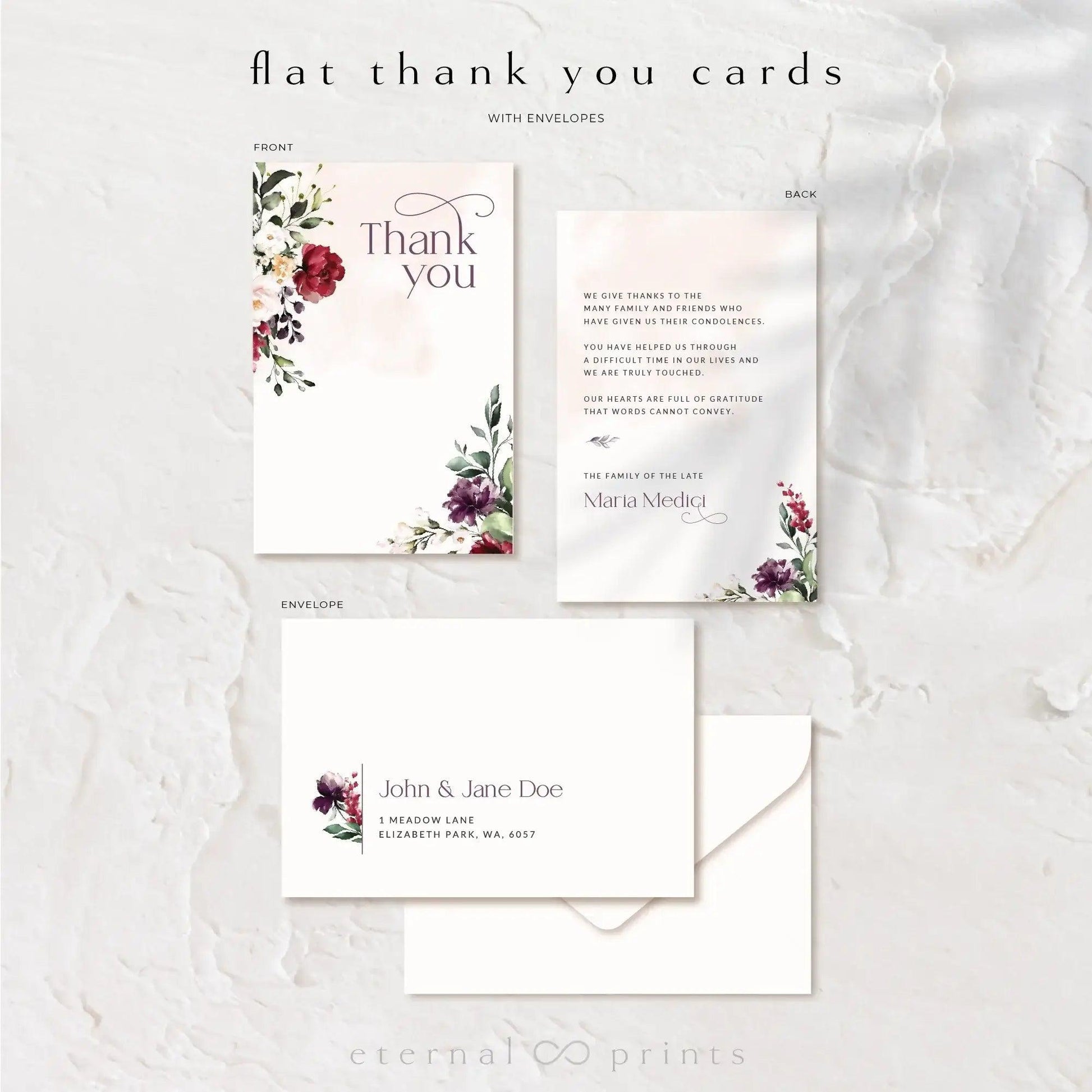 Thank You Cards - Burgundy Flowers - Eternal Prints
