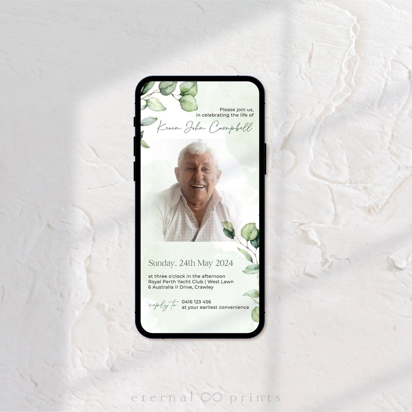 Digital Funeral Notification - Eucalyptus Leaves - Eternal Prints